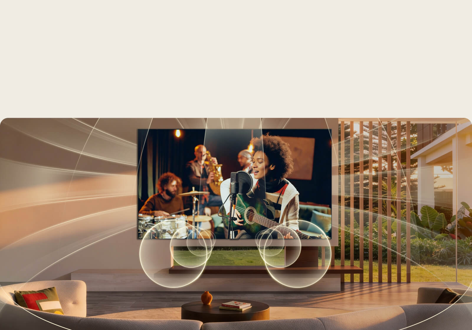 LG OLED evo AI G6 con Canal Virtual de 11.1.2 llena una sala de estar mientras se reproduce una interpretación musical en vivo en la pantalla, brindando audio multidireccional que rodea la habitación y aumenta la inmersión en todo el espacio.